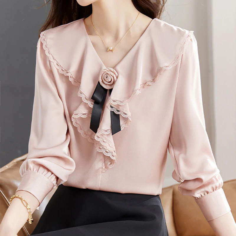 

QOERLIN S-XXL Bow Lace Ruffled Shirt Women Camellia Elegant V-Neck Long Sleeve Spring Blouse Tops Casual Clothing Korean Fashion