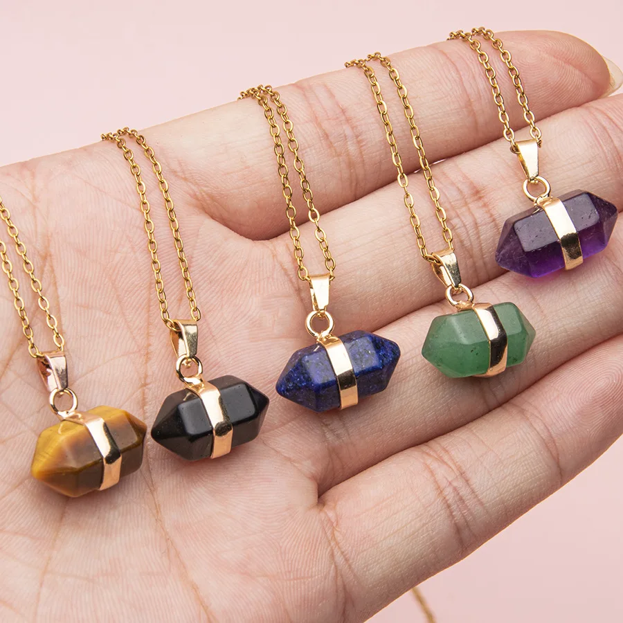 Creative Natural Crystal Stone Double pointed Hexagonal Column Pendant Jewelry Men's and Women's Fashion Necklace