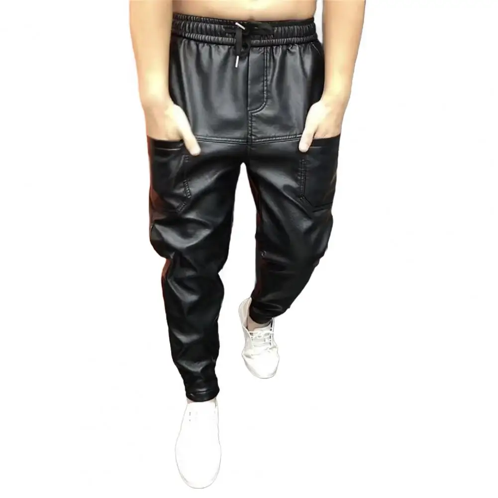 Black Elastic Waist Pants Stylish Men's Faux Leather Pants With Pockets Stretchy Waist Motorcycle Style Trousers For Spring Fall