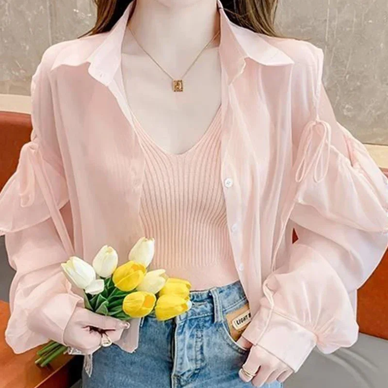 

Elegant Off-shoulder Chiffon Coat For Women Inner Strapless Vest Two-piece Set Casual Lapel Bandage Bow Shirts