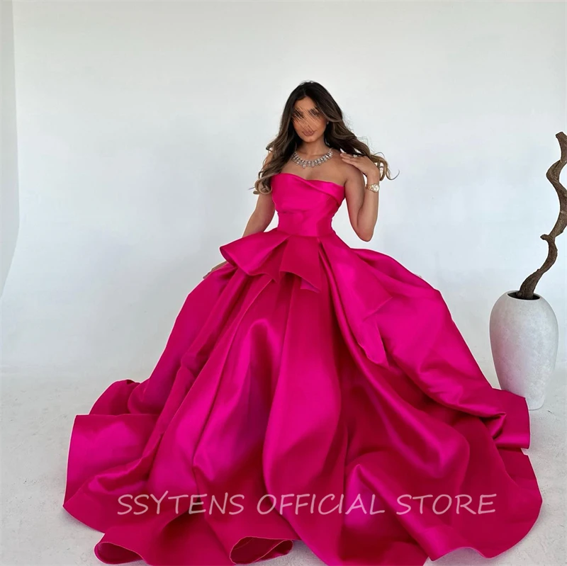 Vintage Fuschia Saudi Arabic Evening Dresses Strapless Pink Prom Gown Soft Satin Floor Length Formal Occasion Dress A Line robes