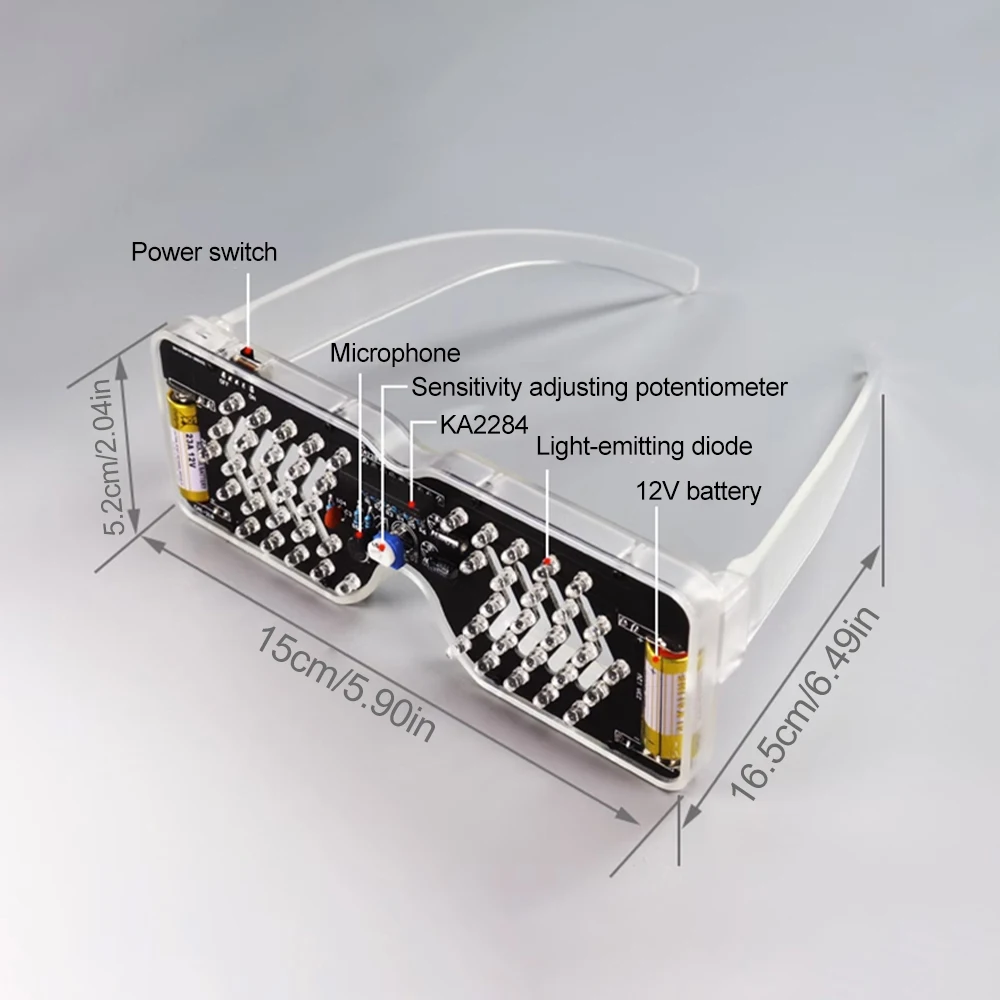 Kit di pratica di saldatura per occhiali illuminati Occhiali da vista a LED attivi dal suono Kit elettronico fai-da-te per progetti di apprendimento scolastico