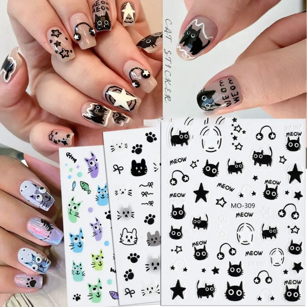 Graffiti 3D Black Cat Nail Stickers Cute Earphone Nail Art Decoration Letters Bow Manicure Accesories Girl