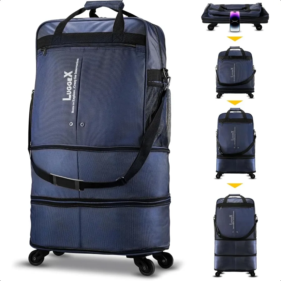 

Suitcases with Wheels Expandable Collapsible Lage Rolling Travel Duffle Bag without Telescopic Handle Foldable Large Weekender