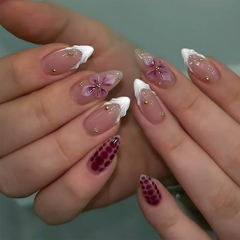 

24PCS Red Dots Sweet Cool Almond Wearable False Nails 3D Pink Flowers White French Fake Nails for Women Simple Nails Press On