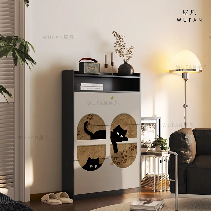 Modern simple solid wood shoe cabinet entry porch tipping bucket shoe cabinet integrated corridor end against the wall ultra-thi