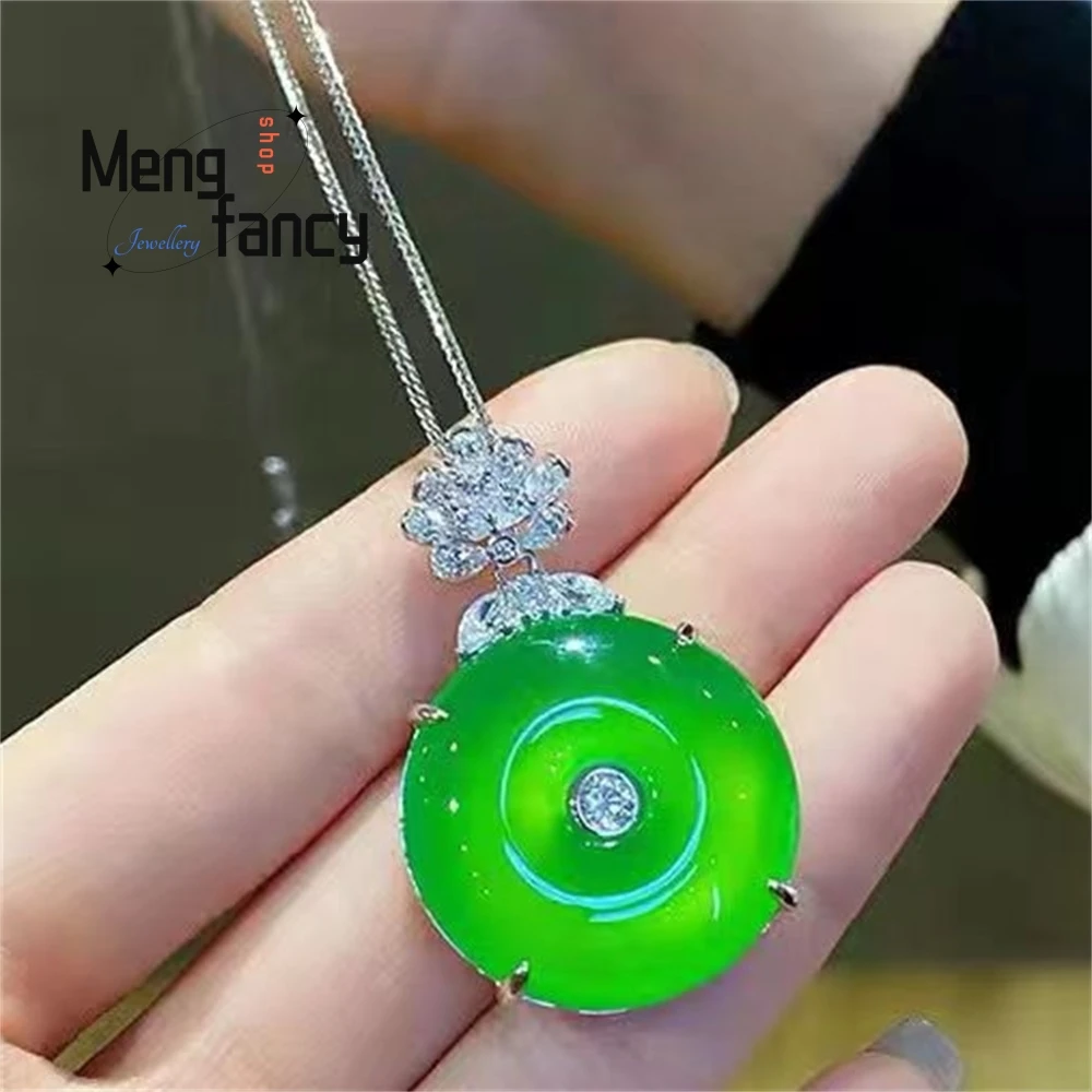 

Jadeite Imperial Green Chalcedony Pendant, High Ice Type Peace Pendant, Silver-Plated Inlaid Jewelry, Agate And Jade Necklace
