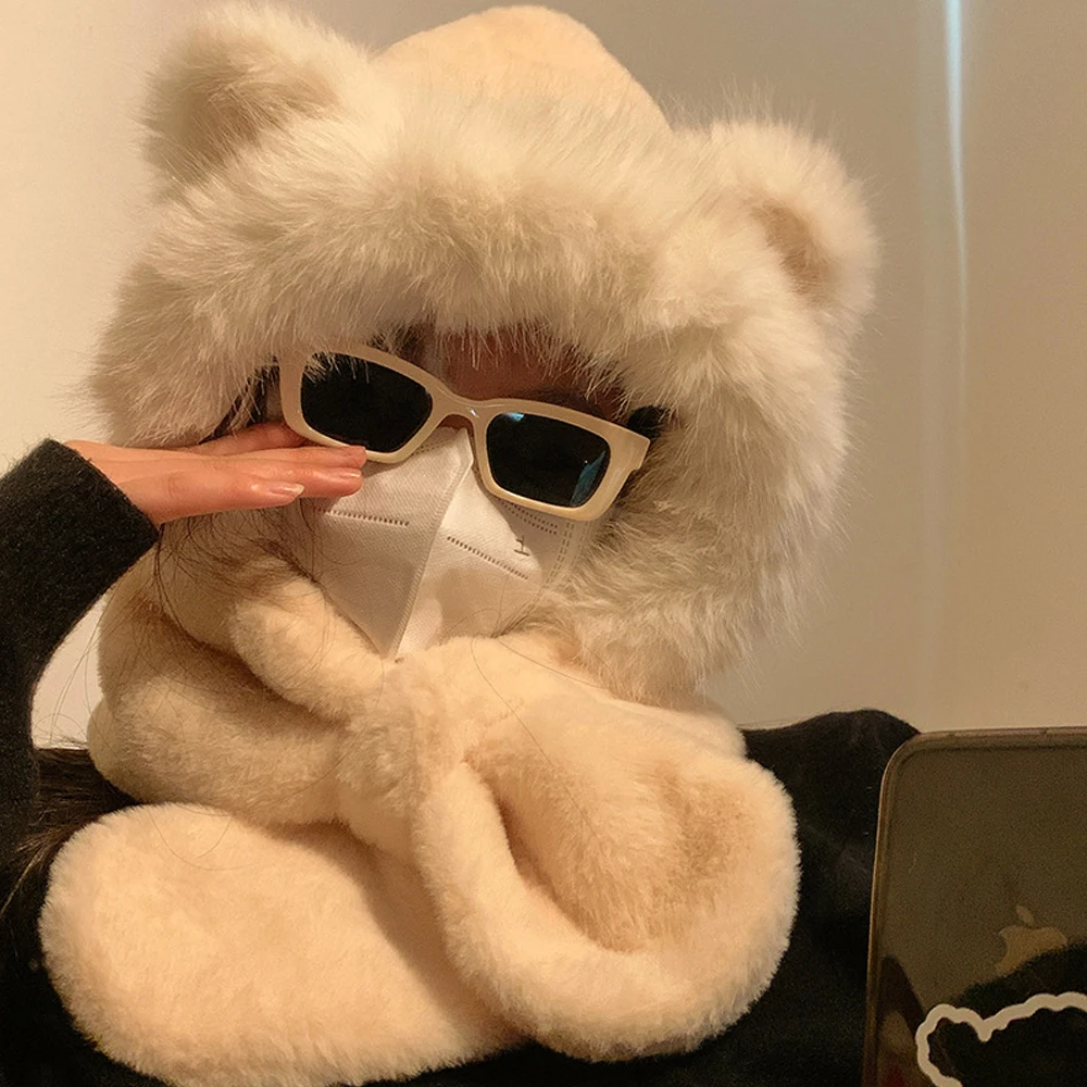 لطيف وجميل الكرتون قبعة للفتيات وشاح قطعة واحدة قبعة سميكة زائد الصوف المرأة قبعات الشتاء صديقها أول الشتاء هدية