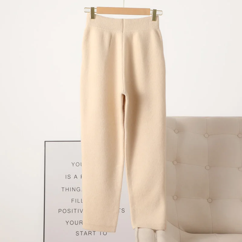 

Женские шерстяные брюки-карандаш для осени и зимы, 100% мериносовая шерсть, толстые, теплые, однотонные, повседневные брюки, трикотажные, базовые, женские.