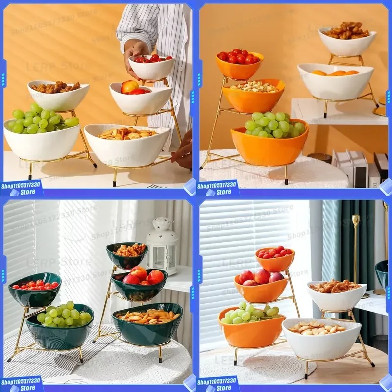 Three Tier Ceramic Fruit Plate Set With Detachable Iron Stand Eco Friendly Dessert Candy Dish For Travel Home Kitchen Decor