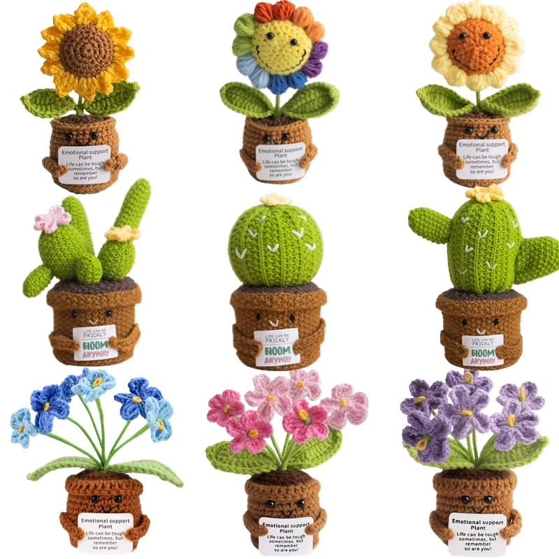 Cactus et tournesol en crochet faits main, ornement de bureau apaisant avec carte d'énergie positive, décoration pour bureau, chambre et maison, cadeaux