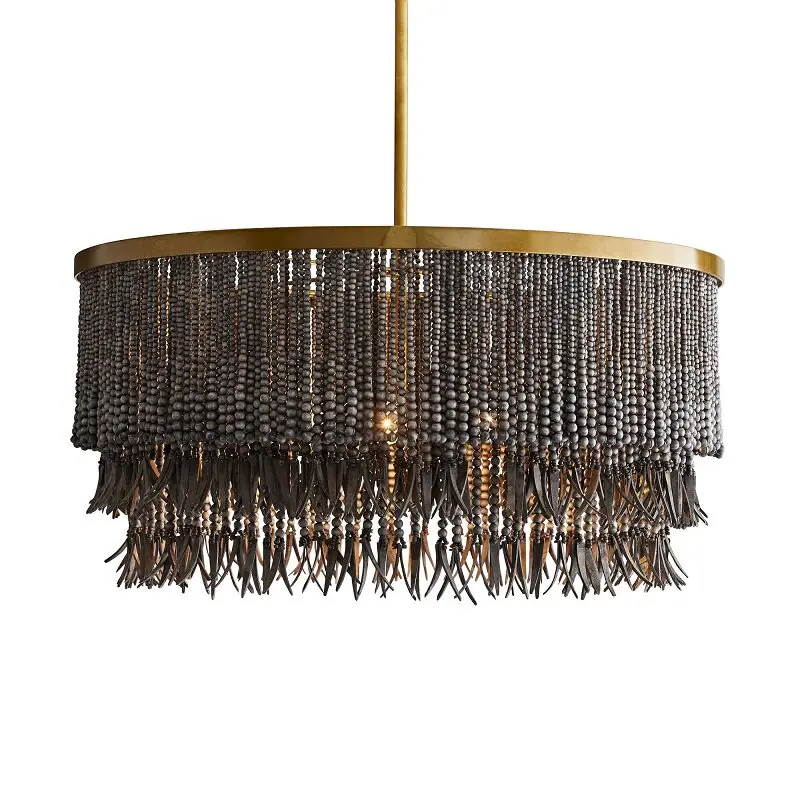 French retro hand-woven wood beads wood chips living room dining room light bedroom children's room decorative chandelier