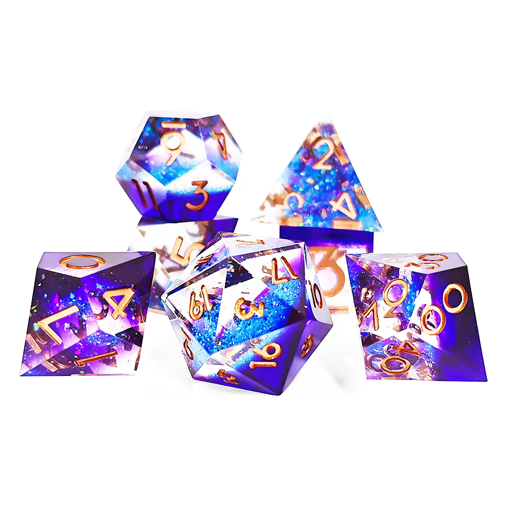 Factory Custom Liquid Core Dice, Bulk 7PCS Purple Blue Gradient Resin Dice, Premium Polyhedral Dice for RPG & TTRPG Wholesalers