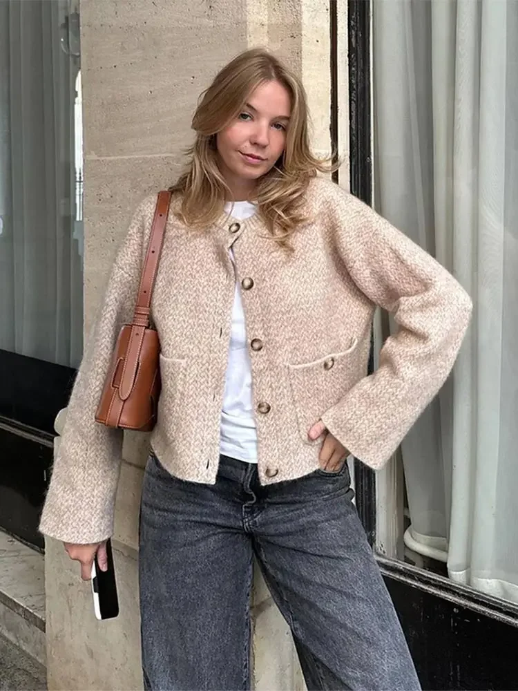 

Women Solid Knitted Single Breasted Long Sleeve O-neck Sweater Casual With Pocket Short Outerwear 2024 Autumn Lady Cardigan Coat