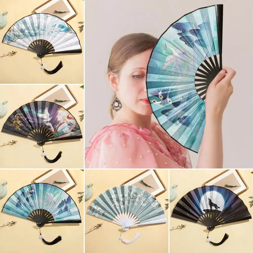 High Quality Silk Vintage Folding Fan Colorful Bamboo Hand Fan Hand Fan Tassel Elegent Shank Classical Dance Fan Home Decoration
