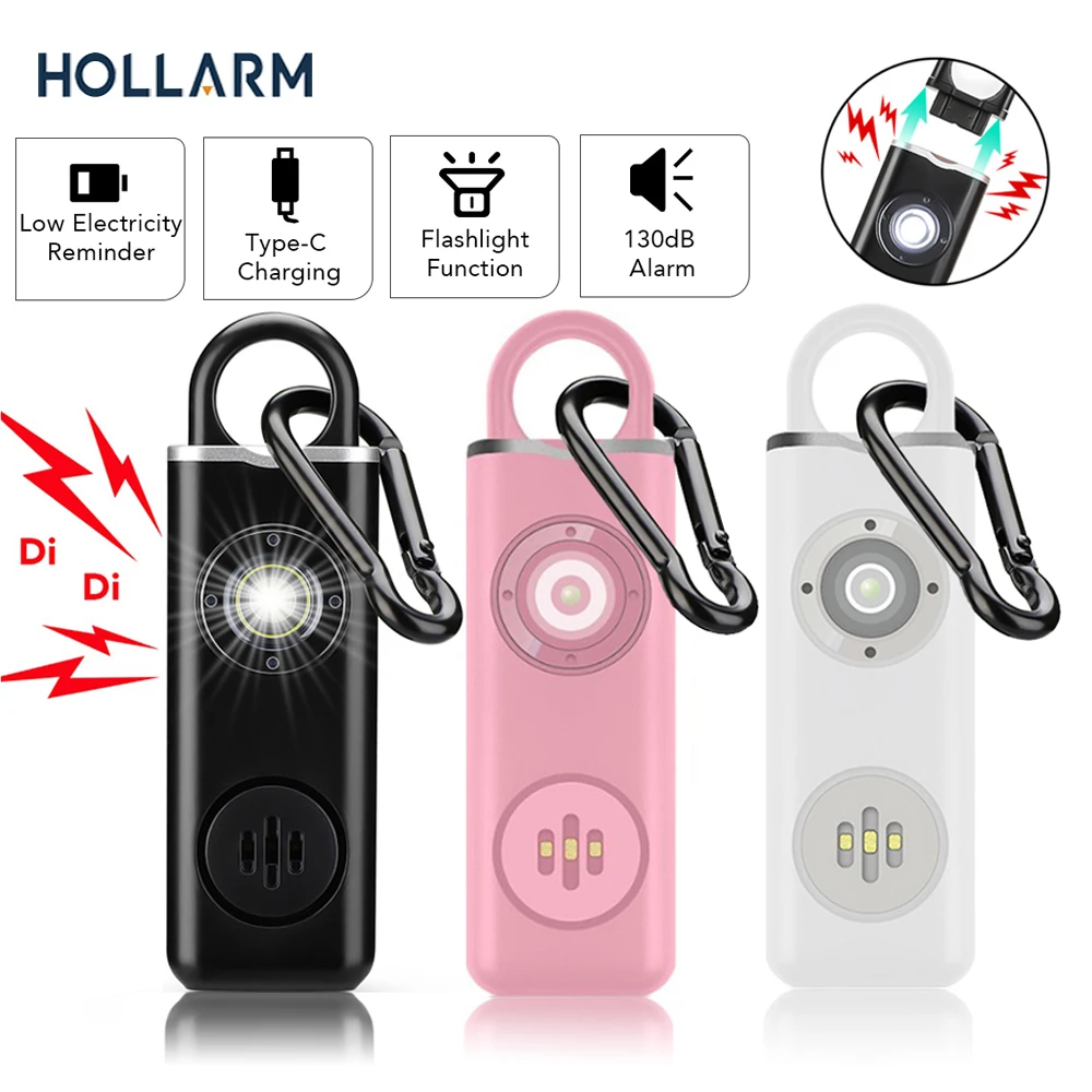 Hollarm إنذار الدفاع عن النفس 130dB إنذار مكافحة الذئب مع ضوء LED الدفاع عن النفس امرأة إنذار السلامة المضادة للهجوم المفاتيح