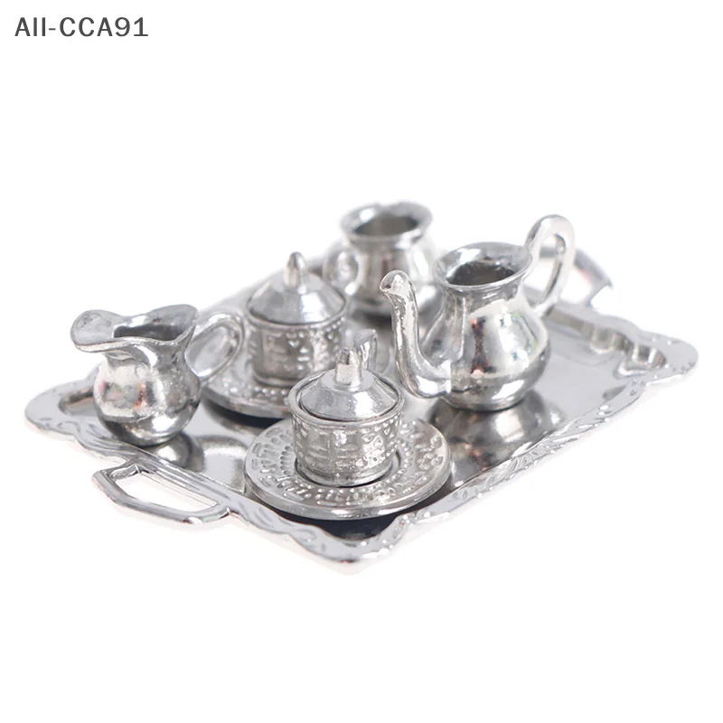 

CCA91-10pcs 1/12 Dollhouse Miniature Silver Metal Tea Coffee Tray Tableware Set