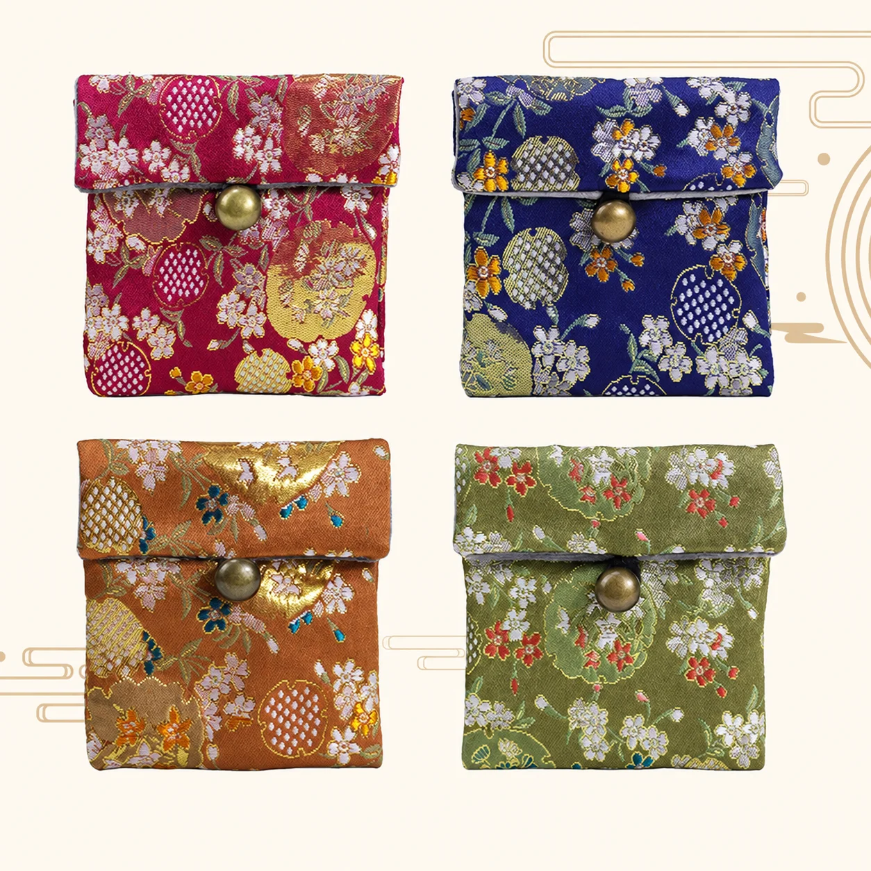 Jade Jewelry Pouch Lightweight Brocade Ornament Bag Necklace Storage Pouch Velvet Lined Brass Button Pouch For Jewelry Display
