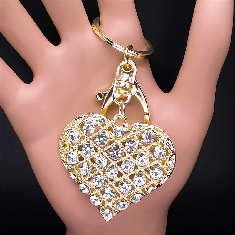 Full Shiny Rhinestone Heart Key Chain for Women Gold Color Crystal Keychain Bag Car Pendant Accessories Jewelry Gifts K5256S04