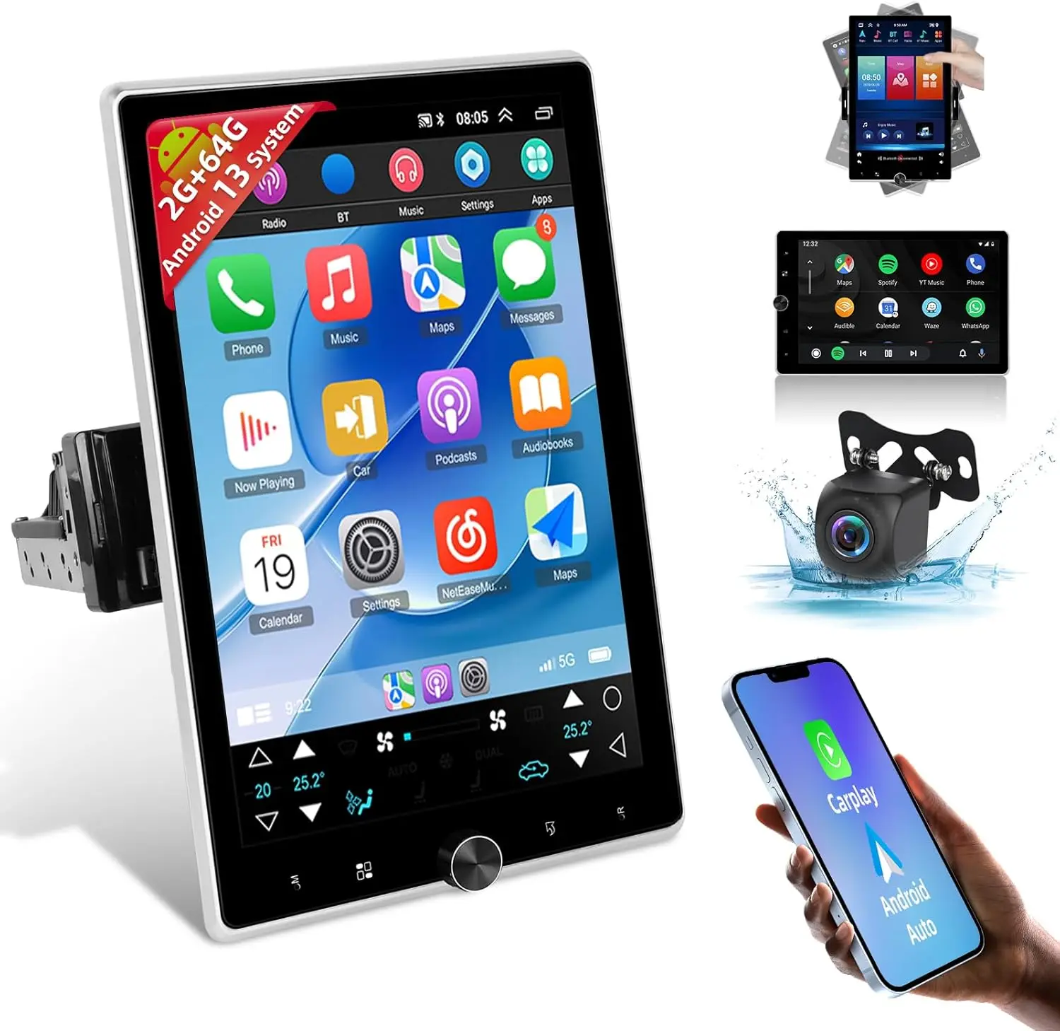 2G + 64G Автомобильная стереосистема Android 13, 10,4-дюймовый радиоприемник с сенсорным экраном и беспроводным CarPlay, Android Auto, Bluetooth 4,2, GPS, FM RDS