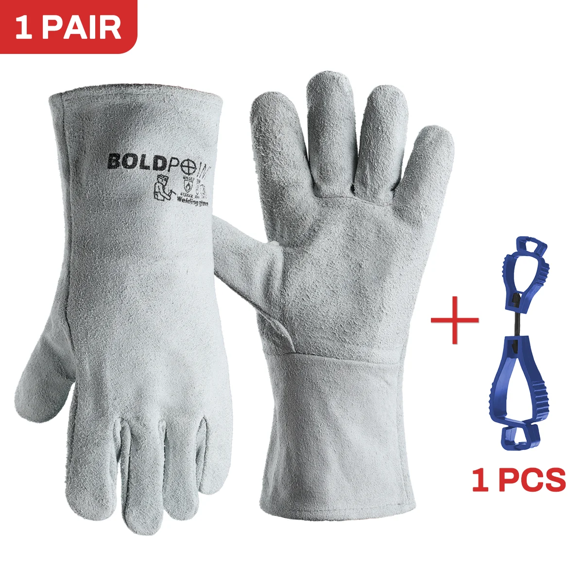 BOLDPOINT 1 Pair Leather Welding Gloves with Glove Clip, One Size, Heat Resistant for Welding & Cutting, Cotton Lined, Gauntlet