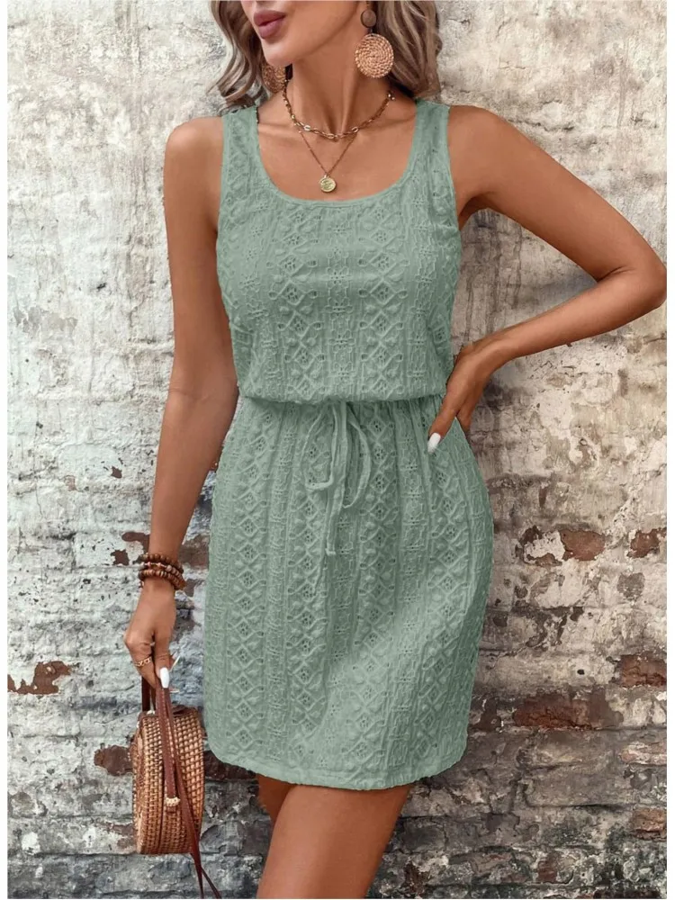 Summer Sleeveless Mini Dress Women Casual A-Line Drawstring Pocket Beach Holiday Dresses For Women Short Dress White Sundress