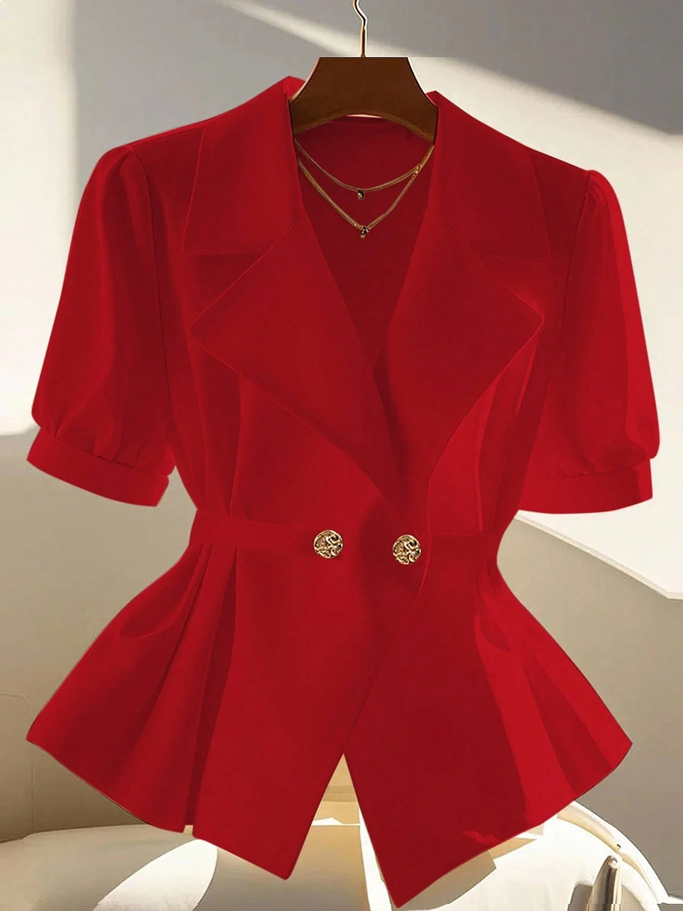 

Women Red Short Sleeve Blazer 2026 Lapel Double Breasted Peplum Office Work Business Casual Jacket