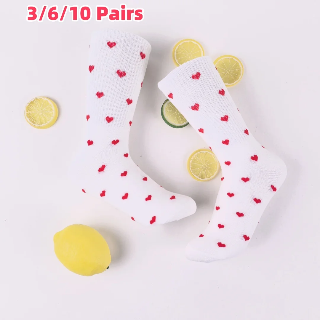

3 / 6 Pairs Of Women's Mid-calf Socks With Heart Pattern, Simple And Comfortable For All Seasons