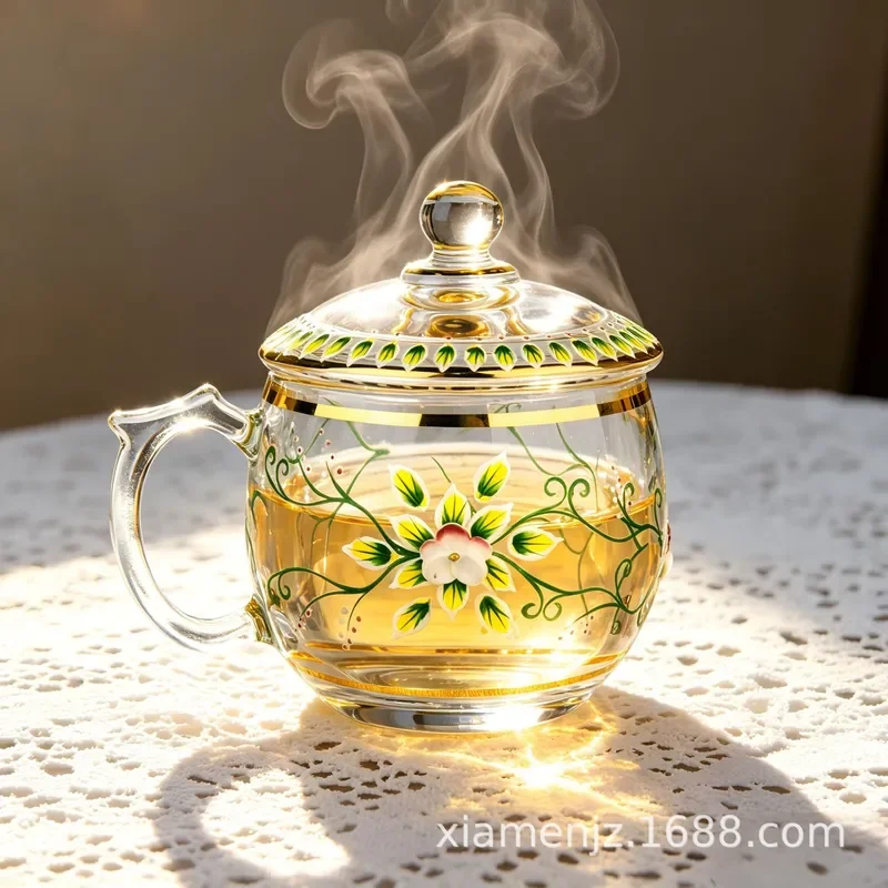Luxury Crystal Teacup with Lid Floral Pattern Glass Tea Cup Set for Office Home High End Drinking Ware Elegant Gift Idea