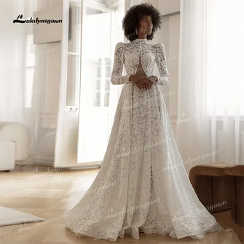 Abito da sposa classico linea A in pizzo collo alto maniche lunghe a sbuffo personalizzato abito da sposa sexy a strati senza schienale Vestido De Noiva