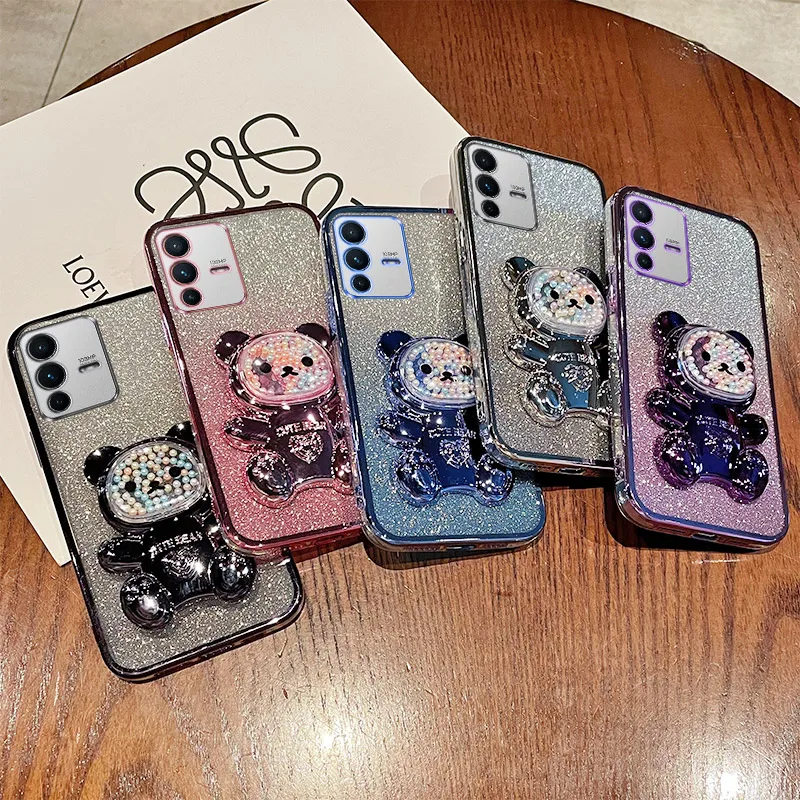 For VIVO V23 Pro Case Soft Silicone Bling Shockproof Electroplated TPU Cell Phone Casing For V2132 Back Cover Cute Bear Stand