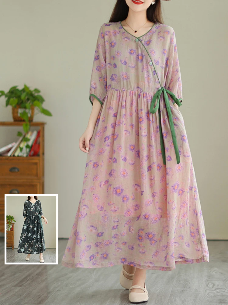 Sweet Floral Print A-Line Long Dr with Bow Tie round Ne Slimming Large Size Women's Faionable Commute Sle Cotton Blend