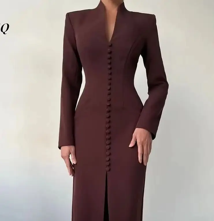 Prom Dresses Chocolate Brown Long Sleeve Evening Gown Stand Collar Slit Bodycon Maxi Dress for Women Banquet Customized