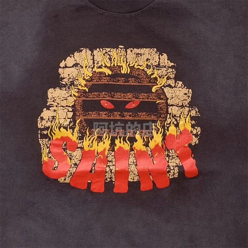 25SS القطن الخالص سانت مايكل لهب نمط هوديس الرجال النساء 1:1 غسلها أسود بأكمام طويلة تي شيرت