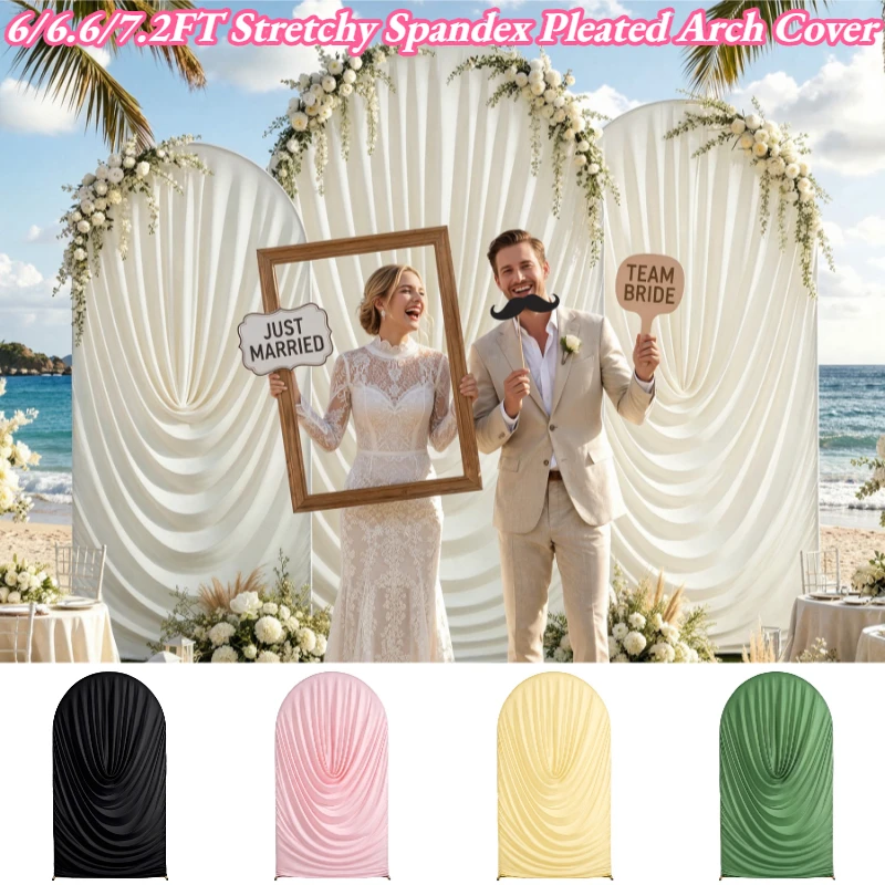 2 Stück 6/6,6/7,2 Fuß Eisenbogen und Abdeckungen aus dehnbarem Spandex-Plissee-Stoff, Bogenhintergrund-Abdeckung für Hochzeit, Geburtstag, Babyparty-Dekoration