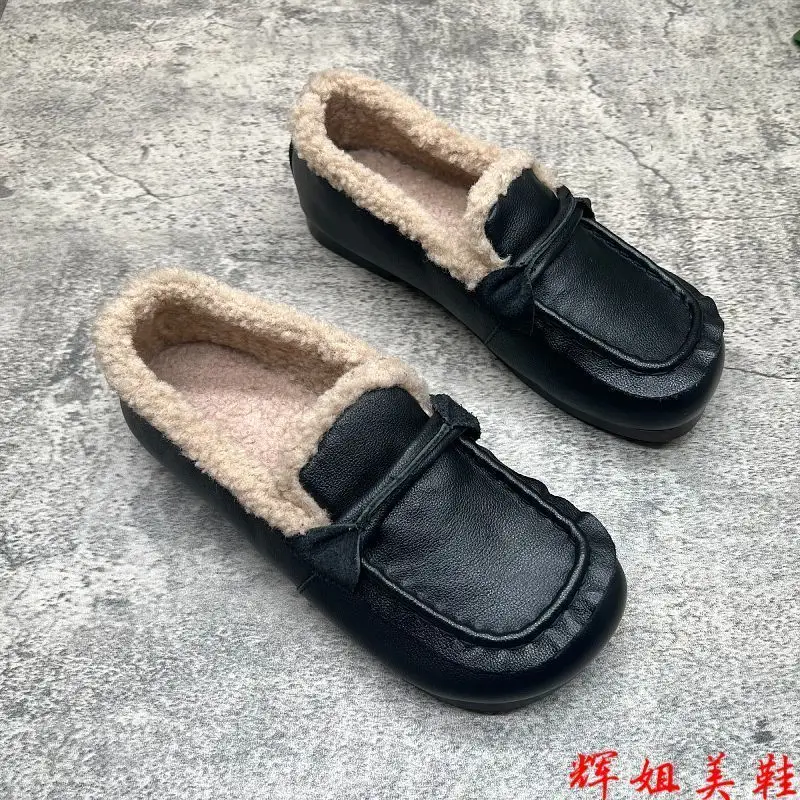 2023 New Winter Foot Set Fashion Retro Plus Soft Soft Soft Sole Soft Leather Women's Shoes Lazy Shoes