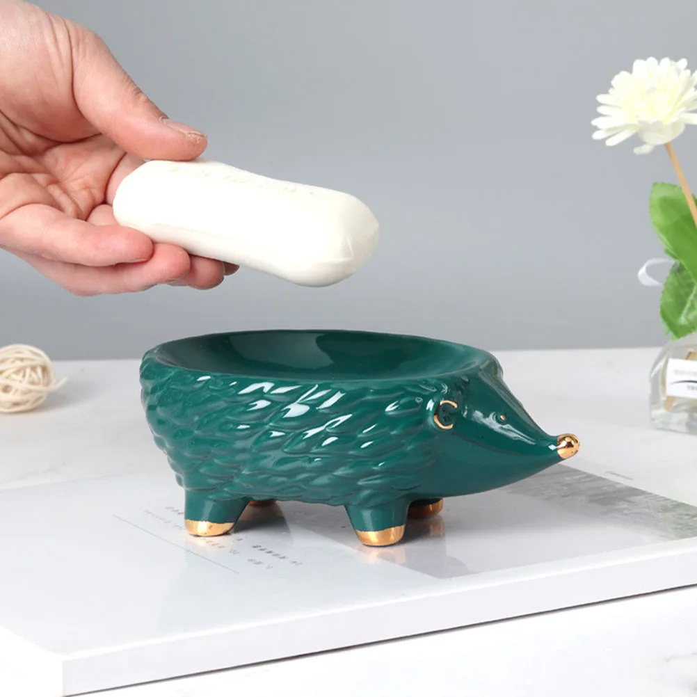 

Ceramic Soap Holder Hedgehog Shaped Drainable Soap Storage Box for Bathroom Kitchen Decorative Home Supply Green