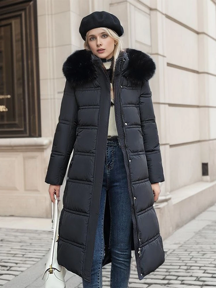 

Lades Winter Fashion Long Down Coats Parkas Hoodies Fur Collar With Belt Thicken Female Outwears Fashion Women Snow Wears