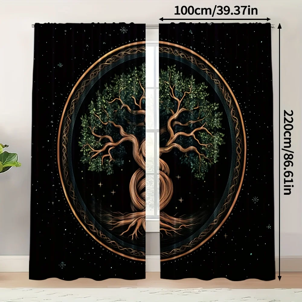 2pcs Tree of Life Print Curtains Celtic Knot Starry Night Pattern Mystical Style Polyester Window Drapes for Bedroom Living Room