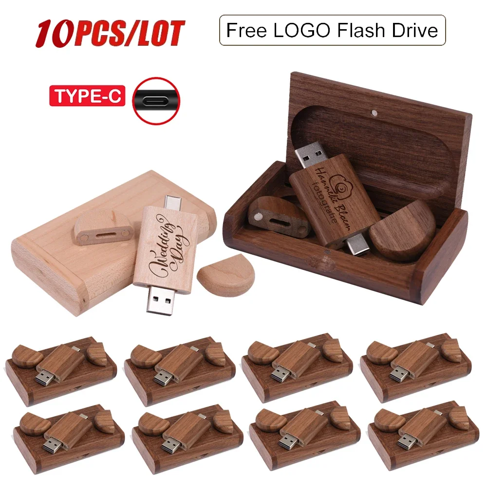 Free Logo Creative Gift 10PCS/LOT Wooden TYPE-C 2in1 USB 2.0 Flash Drives 4GB Pen Drive Memory Stick 64GB with Box 128GB U Disk