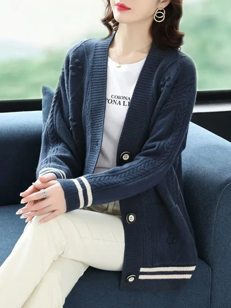 Women Casual Long Sleeve Knitted Sweater Coat Stripe Korean Fashion Cardigan Tops Vintage Single-breasted Clothing New