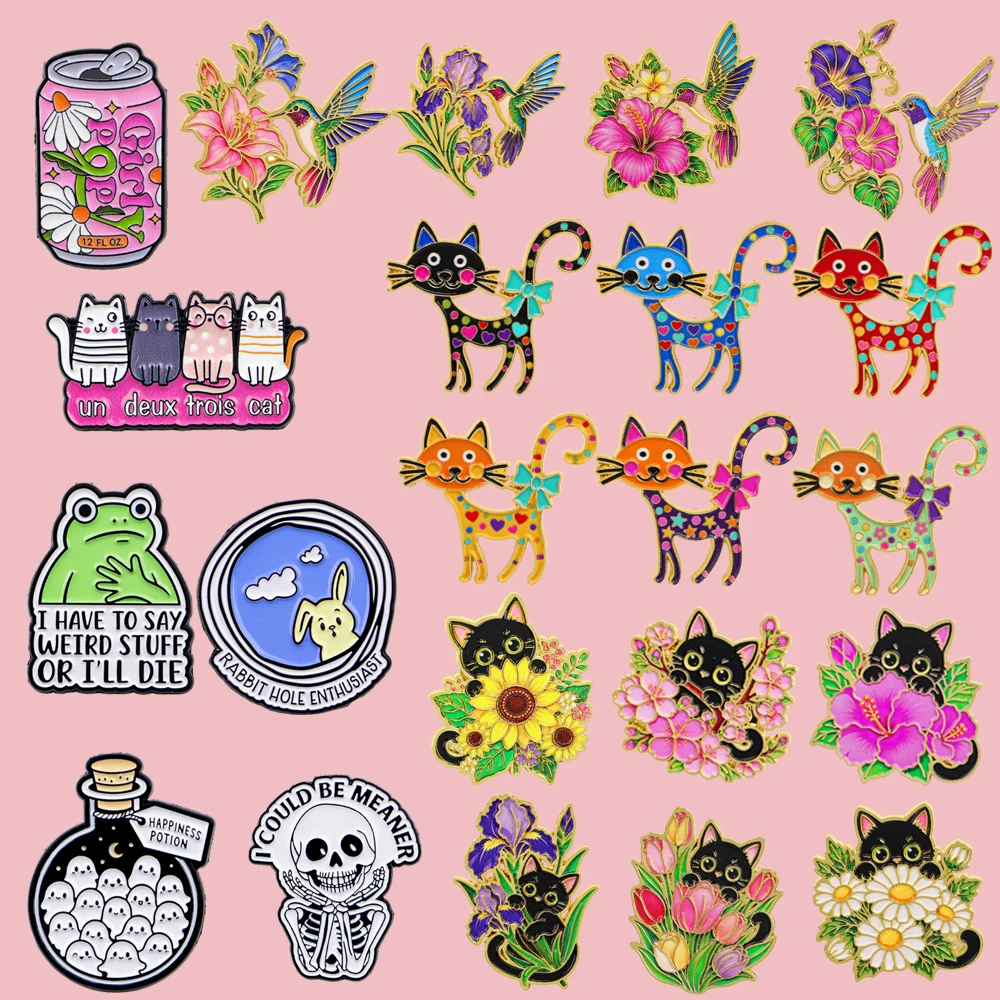 Flower Frog Pin - Florale Kolibri-, Schwarzkatzen-, Frosch-, Kaninchen-, Skelett-