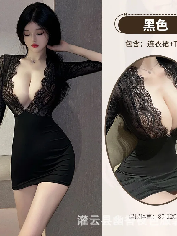 Kurzarm T-Shirt Mini kleid V-Ausschnitt heiße sexy koreanische Frauen sexy ol Sekretärin Verführung heiße Uniform weibliches Kleid elegant dy8j