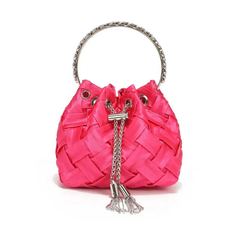 

WOMEN BAG High Quality Woven Silk Bucket Bags Diamonds Female Shoulder Tassels Chains Handbags for Women Crossbady Bag