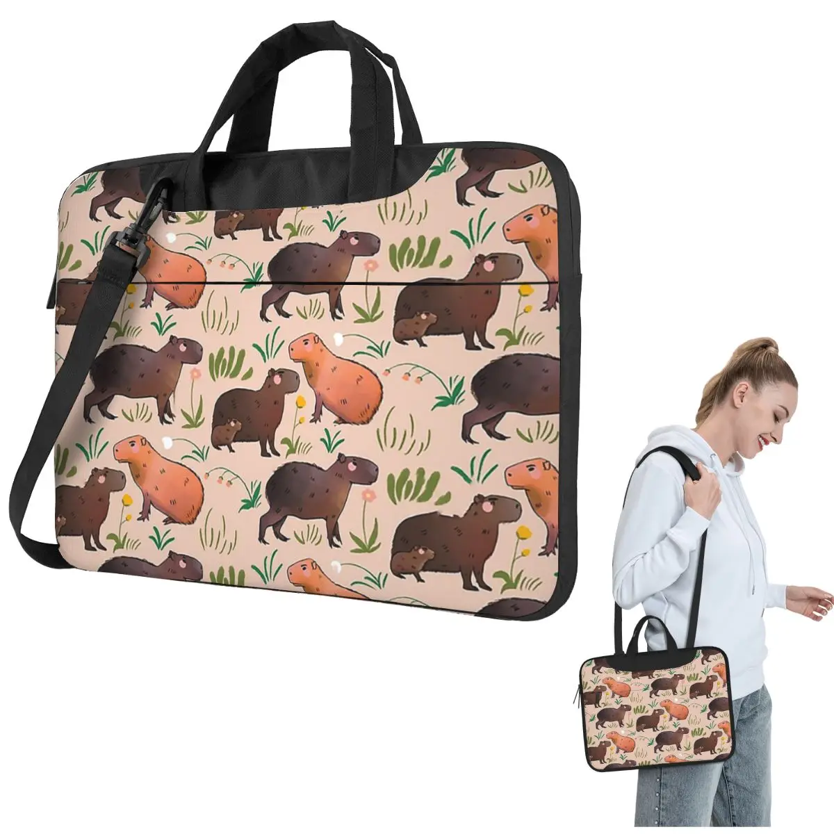 Capybara - Cute Green And Brown Animal Illustration Pattern Crossbody Laptop Bag Case Computer Bag Resistant Protective Lenovo