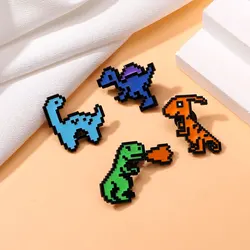 4pcs Cute Cartoon Dinosaur Enamel Brooch Creative Pixel Mosaic Style Spitfire Lapel Pin Badge Backpack Clothing Hat Accessories