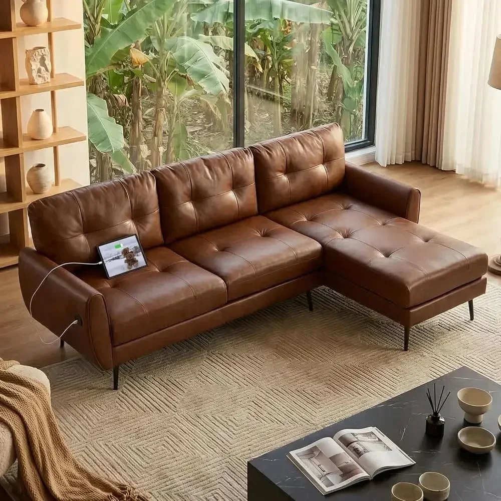 89 3-Seat L-Shaped Leather Sectional Sofa with USB & Type-C Charging Ports, Deep-Seat Chaise Option
