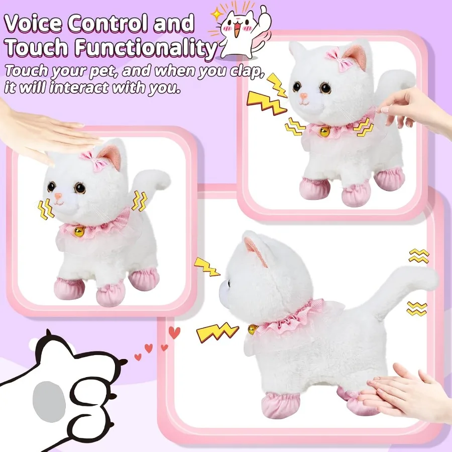 Interactive Electronic Plush Toy Walking and Barking Robot Cat Remote Control Kitten for Girls White Cat Soft Fabric Cute Desig