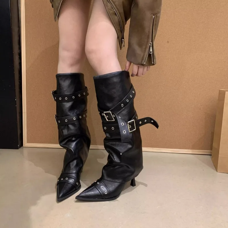 

High Quality Women's High Boots Pointed Trousers Boots Belt Buckle High Heel Boots Women's Western Cowboy Boot Knight Boot Botas