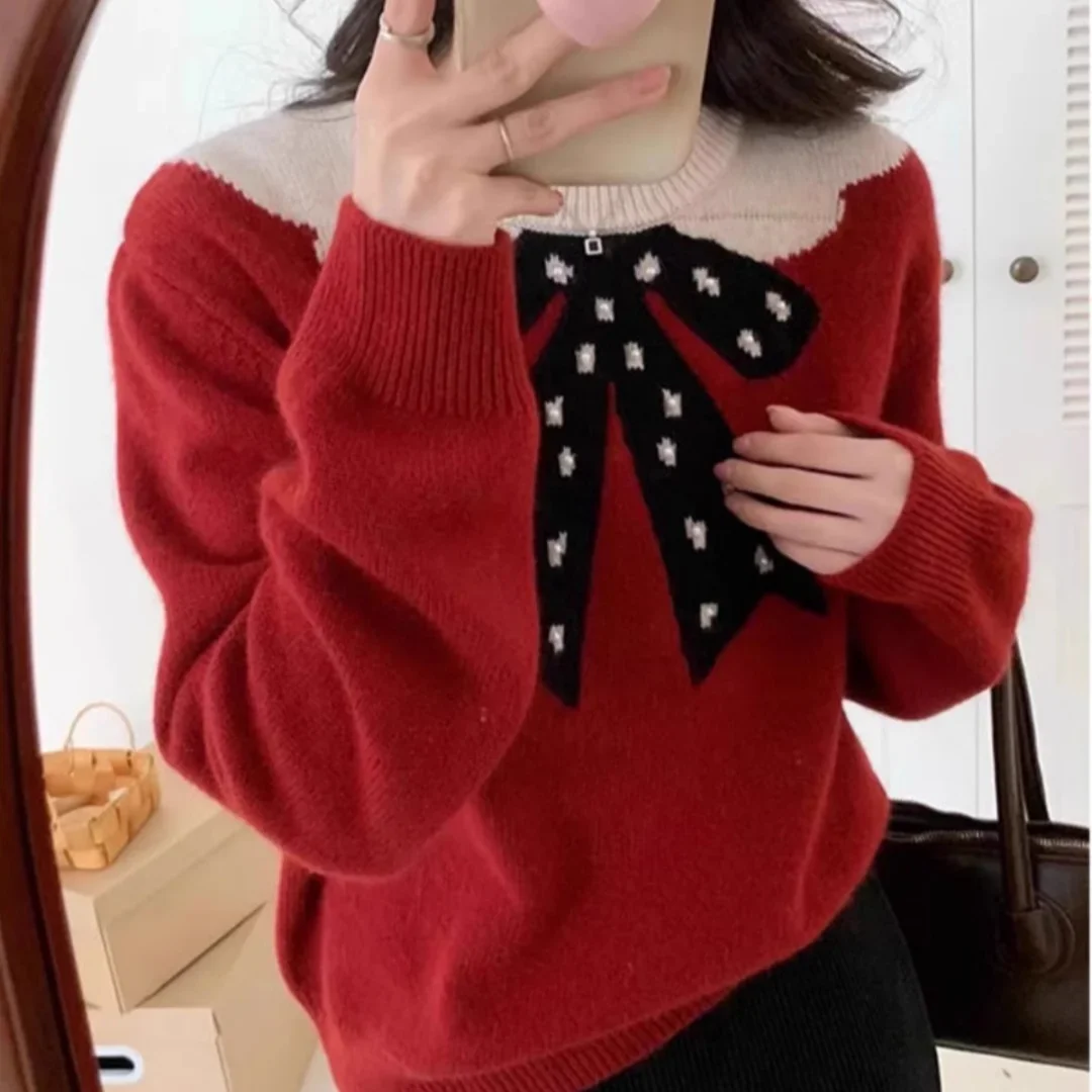 Sweet Pearl Bow Jacquard Sweater Designer Winter Knitting Red Pullover Loose O-neck Niche Clothes Women Fashion Korean Casual